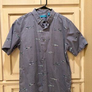 Tori Richard Men’s Short Sleeve Button-Down Shirt Medium Gray Shark Print Hawaii